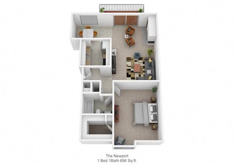 Floor plan for 1 bed, 1 bath, 696 sqft